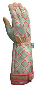 digz rose pruning vegan leather garden gloves, long forearm protective cuff with touchscreen compatible finger tips, red geometric pattern, medium