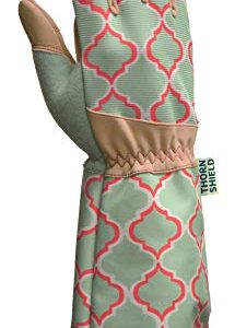 Digz Rose Pruning Vegan Leather Garden Gloves, Long Forearm Protective Cuff with Touchscreen Compatible Finger Tips, Red Geometric Pattern, Medium