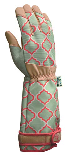 Digz Rose Pruning Vegan Leather Garden Gloves, Long Forearm Protective Cuff with Touchscreen Compatible Finger Tips, Red Geometric Pattern, Medium