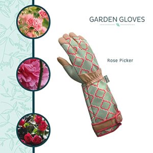 Digz Rose Pruning Vegan Leather Garden Gloves, Long Forearm Protective Cuff with Touchscreen Compatible Finger Tips, Red Geometric Pattern, Medium