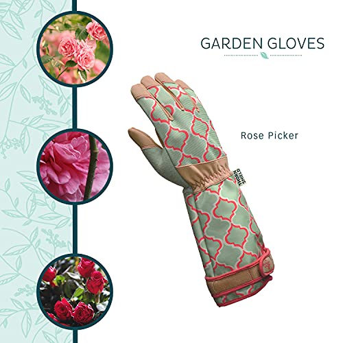 Digz Rose Pruning Vegan Leather Garden Gloves, Long Forearm Protective Cuff with Touchscreen Compatible Finger Tips, Red Geometric Pattern, Medium