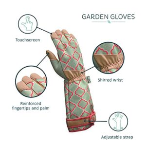 Digz Rose Pruning Vegan Leather Garden Gloves, Long Forearm Protective Cuff with Touchscreen Compatible Finger Tips, Red Geometric Pattern, Medium