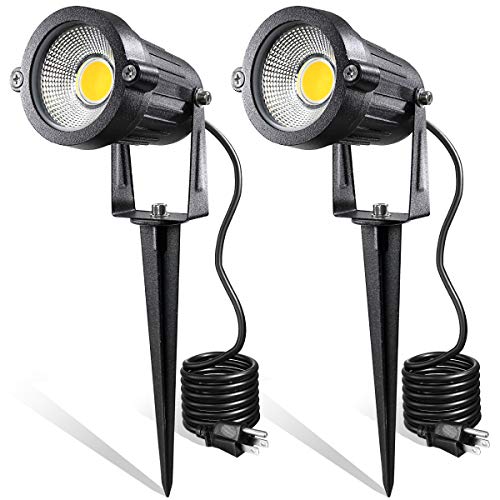 LEACOCO LED Landscape Lights,5W 120V AC Outdoor Pathway Garden Yard Spotlight,IP65 Waterproof Garden Flood Light,Outdoor Spotlight with Stake,UL Cord 5-ft with Plug (Pack of 2, Warm White)