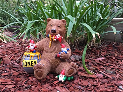 GlitZGlam Miniature Bear and Gnomes with Honey - A Garden Gnome Statue for Your Fairy Garden