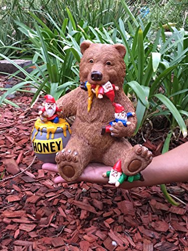 GlitZGlam Miniature Bear and Gnomes with Honey - A Garden Gnome Statue for Your Fairy Garden