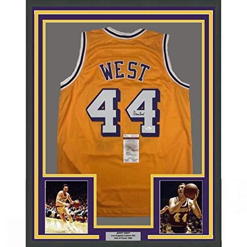 Framed Autographed/Signed Jerry West 33x42 Los Angeles LA Yellow Basketball Jersey JSA COA