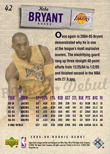 2005-06 Upper Deck Rookie Debut #42 Kobe Bryant Basketball Card Lakers