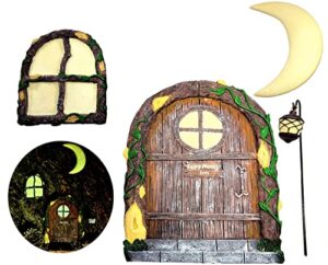 fairy door, crescent moon, window & lantern set | glow in the dark | incl. bonus coloring e book | fairy & gnome door for kids room, garden wall, trees outdoor | whimsical fairy & gnome decor