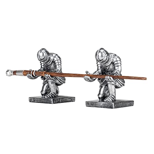 Cottage Garden Antique Silver Kneeling Knight 4.75 inch Resin Wand Stand 2 Piece Set