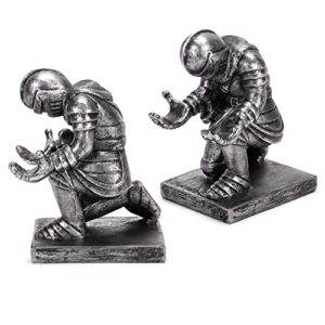 Cottage Garden Antique Silver Kneeling Knight 4.75 inch Resin Wand Stand 2 Piece Set