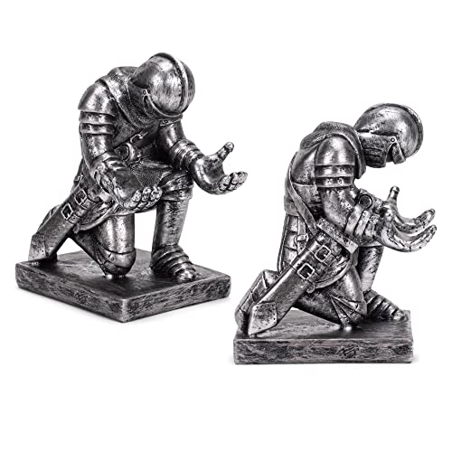 Cottage Garden Antique Silver Kneeling Knight 4.75 inch Resin Wand Stand 2 Piece Set