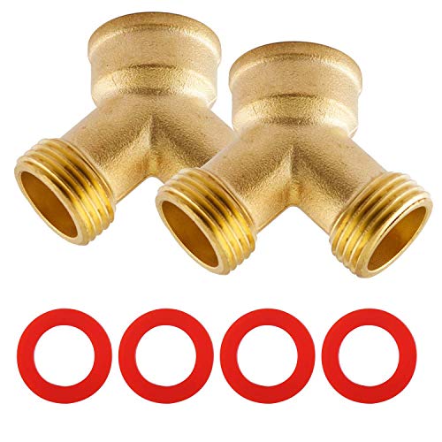 Litorange (2 Pack) Solid Brass Lead-Free Body Backyard 2 Way Y Valve Garden Hose Connector MHT 3/4" Inch Thread Splitter Adapter + 4 Silicone Hose Washers