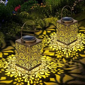 2 pack solar lanterns outdoor waterproof – metal solar garden lights, solar outdoor lights decorative for patio porch yard garden decor for outside (bronze)