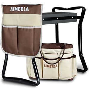 aimerla foldable garden kneeler seat heavy duty {soft thick kneeling pad} durable garden stool – 2 large capacity garden tool bags with pockets – portable garden bench for indoor and outdoor gardening