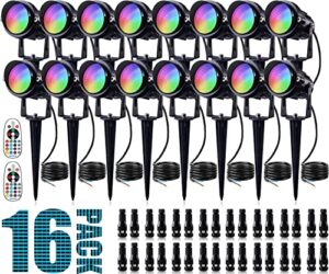 sunvie rgb low voltage landscape lights 12w led color changing landscape lights remote control waterproof christmas spotlights outdoor landscape lighting for yard garden pathway 16 pack with connector