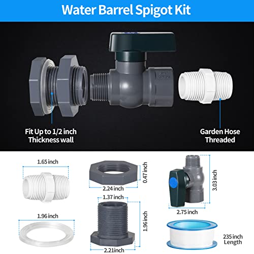 2 Pack Rain Barrel Spigot Kit - Suswillhit Water Barrel PVC Garden Diverter Kit with Bulkhead Fitting Hose Faucet Adapter and Thread Seal Tape for Water Tanks, Aquariums, Tubs, Pool, Garden Barrel