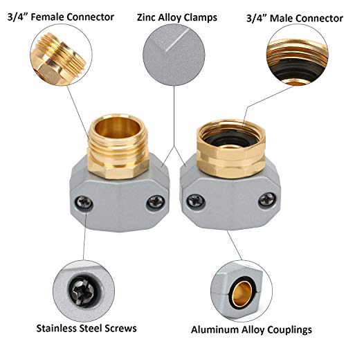 STYDDI Garden Hose Repair Connector Fitting, Aluminum Mender Female and Male Hose End Connector with Zinc Clamp, Fit 5/8-Inch and 3/4-Inch Garden Hose, 3 Sets