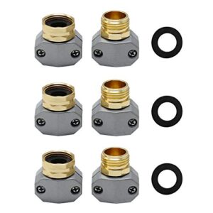 garden hose repair fittings aluminum water hose ends male and female hose connector with zinc clamp fit for all 5/8″ and 3/4″ garden hose, pack of 3
