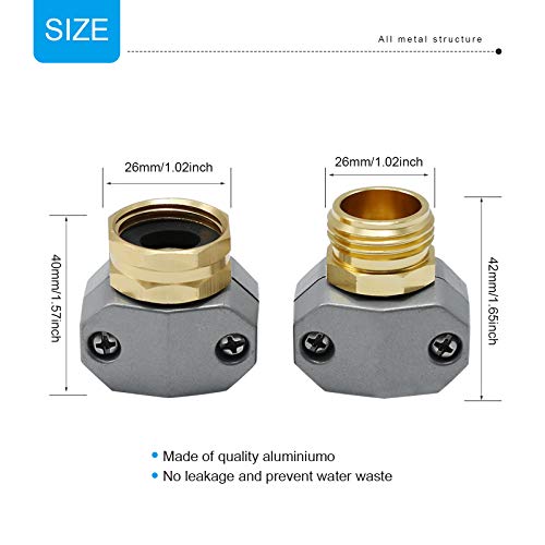 Garden Hose Repair Fittings Aluminum Water Hose Ends Male and Female Hose Connector with Zinc Clamp Fit for All 5/8" and 3/4" Garden Hose, Pack of 3