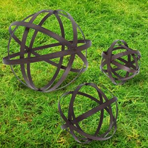 3 pcs garden spheres balls assorted size distressed metal band decorative sphere folding orbs sculpture for outdoor indoor decorations 7″ 10″ 12″ diameter (rusty)