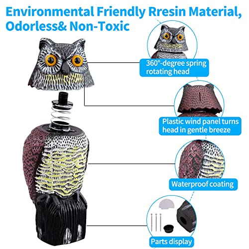 Owl Decoys to Scare Birds Squirrels Away,Owls to Frighten Birds 360 Degree Rotating Head,Plastic Owl Decoy to Scare Birds Away Deterrent,Garden Owls Bird Scare Devices for Indoor Outdoor Garden,Yard