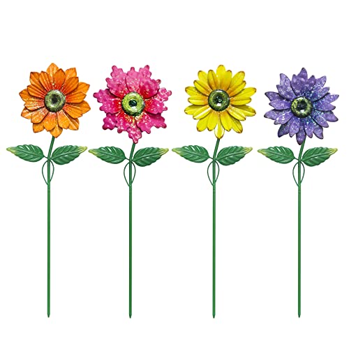 hogardeck Metal Flower Decorative Garden Stakes,4 Pcs 20" Outdoor Garden Decor Shaking Head Sunflowers Daisy Ornament, Yard Art Spring Decorations for Patio Lawn