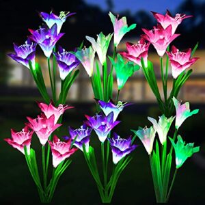 wdtpro solar lights outdoor garden decorative flowers 6 pack, waterproof solar garden lights with 24 lily flowers, multi-color changing led solar powered landscape lights for yard garden patio
