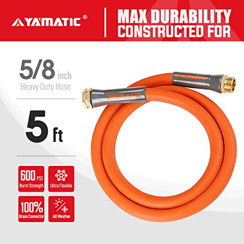 YAMATIC Female to Female Short Garden Hose 5/8 in x 5 ft, 2 in 1 Dual Use Heavy Duty Leader Hose with Solid Brass Connector, All-Weather Water Hose, Burst 600 PSI