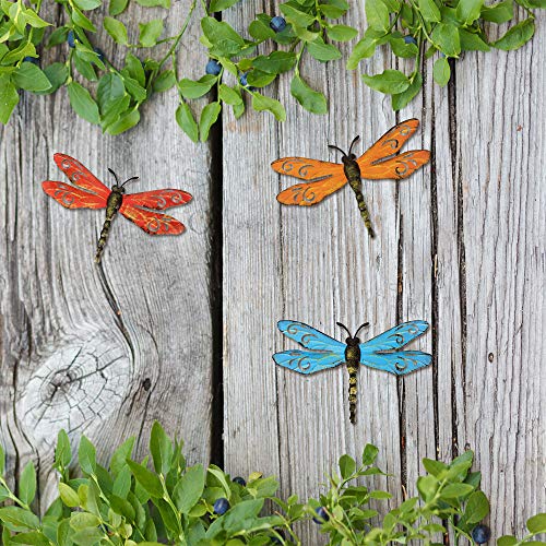 Scwhousi Metal Dragonfly Wall Decor Outdoor Garden Fence Art,Hanging Decorations for Living Room, Bedroom, 3 Pack