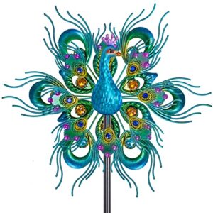 dreamsoul peacock wind spinner 60″ double wind sculpture spinner outdoor metal stake yard spinners garden decorative kinetic wind catcher windmills for patio yard lawn garden decor