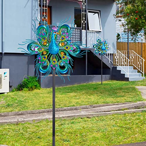 DREAMSOUL Peacock Wind Spinner 60" Double Wind Sculpture Spinner Outdoor Metal Stake Yard Spinners Garden Decorative Kinetic Wind Catcher Windmills for Patio Yard Lawn Garden Decor