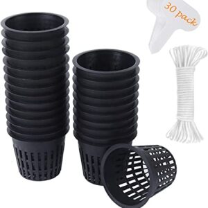 30 Pack 3 Inch Net Cup Pots with Hydroponic Self Watering Wick & Plant Labels for Aquaponics Mason Jar Insert Orchid kratky Vegetable Garden Gardening Growing Netted Baskets Slotted Mesh Wide Lip Rim