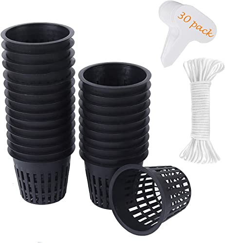 30 Pack 3 Inch Net Cup Pots with Hydroponic Self Watering Wick & Plant Labels for Aquaponics Mason Jar Insert Orchid kratky Vegetable Garden Gardening Growing Netted Baskets Slotted Mesh Wide Lip Rim