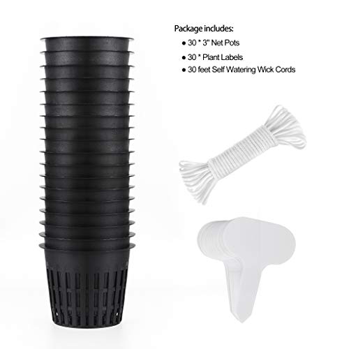 30 Pack 3 Inch Net Cup Pots with Hydroponic Self Watering Wick & Plant Labels for Aquaponics Mason Jar Insert Orchid kratky Vegetable Garden Gardening Growing Netted Baskets Slotted Mesh Wide Lip Rim