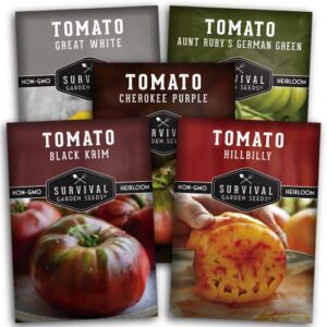 survival garden seeds colorful tomato collection – black krim, great white, aunt ruby’s german green, hillbilly, & cherokee purple tomato packets – 5 delicious non-gmo heirloom varieties
