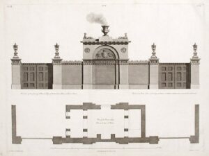elevation and plans of the gateway and porter’s lodge of ashburnham house in dover street.