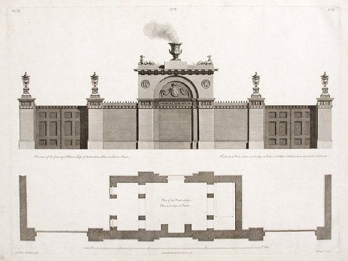 Elevation and Plans of the Gateway and Porter's Lodge of Ashburnham House in Dover Street.