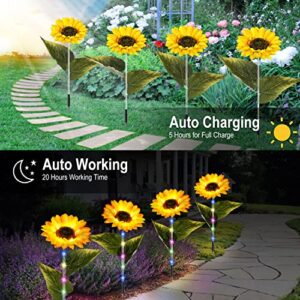 Solar Sunflower Lights Outdoor Garden Decorations, 4 in 1 Solar Flower Lights with Remote, 8 Shinning Modes 4 Brightness Level IP65 Waterproof Auto On/Off Led Garden Stake Lights for Yard Lawn Patio