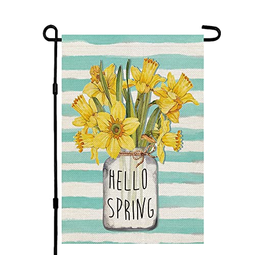 CROWNED BEAUTY Hello Spring Garden Flag Floral Mason Jar Stripes 12×18 Inch Double Sided Outside Vertical Holiday Yard Flag