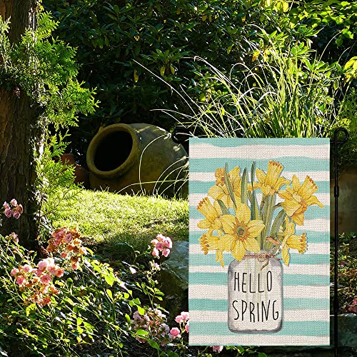 CROWNED BEAUTY Hello Spring Garden Flag Floral Mason Jar Stripes 12×18 Inch Double Sided Outside Vertical Holiday Yard Flag