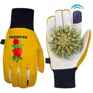 feishdek cactus gloves soft deerskin women gardening glove thorn proof for cacti handling (medium – short sleeve, yellow)