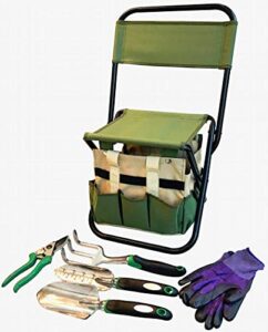 garden tool set organizer | garden seat folding stool gardening chair kneeler with backing | gardener bag | gardening tools set | top gardening gifts for mom and dad includes aluminum tools