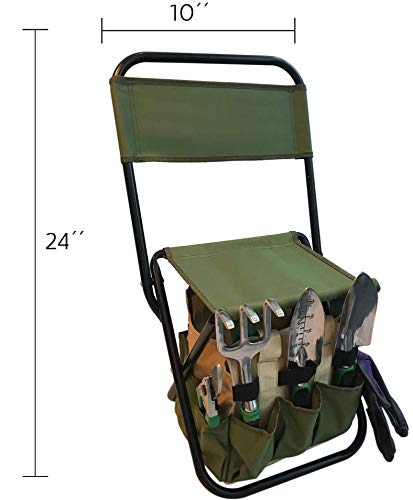 Garden Tool Set Organizer | Garden Seat Folding Stool Gardening Chair Kneeler with Backing | Gardener Bag | Gardening Tools Set | Top Gardening Gifts for Mom and Dad Includes Aluminum Tools