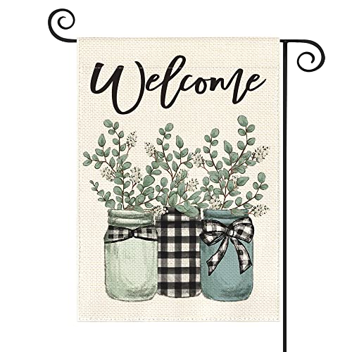 AVOIN colorlife Eucalyptus Mason Jar Spring Summer Garden Flag 12x18 Inch Double Sided Outside, Buffalo Plaid Welcome Yard Outdoor Flag