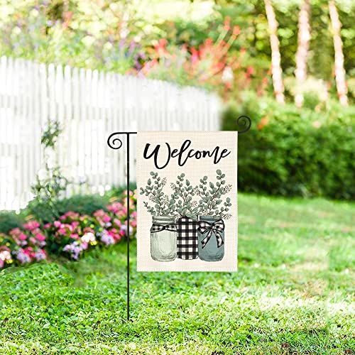 AVOIN colorlife Eucalyptus Mason Jar Spring Summer Garden Flag 12x18 Inch Double Sided Outside, Buffalo Plaid Welcome Yard Outdoor Flag