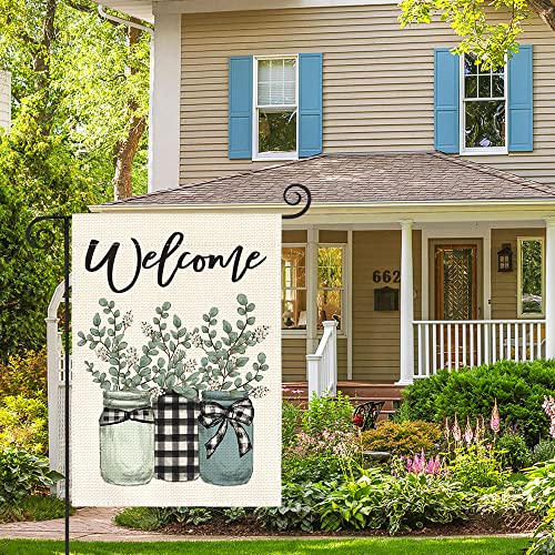 AVOIN colorlife Eucalyptus Mason Jar Spring Summer Garden Flag 12x18 Inch Double Sided Outside, Buffalo Plaid Welcome Yard Outdoor Flag