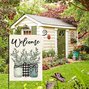 AVOIN colorlife Eucalyptus Mason Jar Spring Summer Garden Flag 12x18 Inch Double Sided Outside, Buffalo Plaid Welcome Yard Outdoor Flag