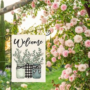 AVOIN colorlife Eucalyptus Mason Jar Spring Summer Garden Flag 12x18 Inch Double Sided Outside, Buffalo Plaid Welcome Yard Outdoor Flag