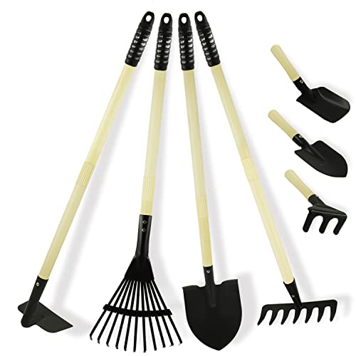 POMIKU Kids Garden Tools Set, Shovel, Rake for Leaves, Spade, Hoe, 7 Pieces Yard Tools for Toddlers Gifts, Steel Heads & Real Wood Handle