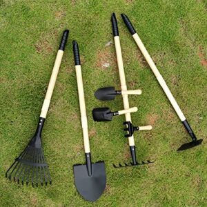 POMIKU Kids Garden Tools Set, Shovel, Rake for Leaves, Spade, Hoe, 7 Pieces Yard Tools for Toddlers Gifts, Steel Heads & Real Wood Handle